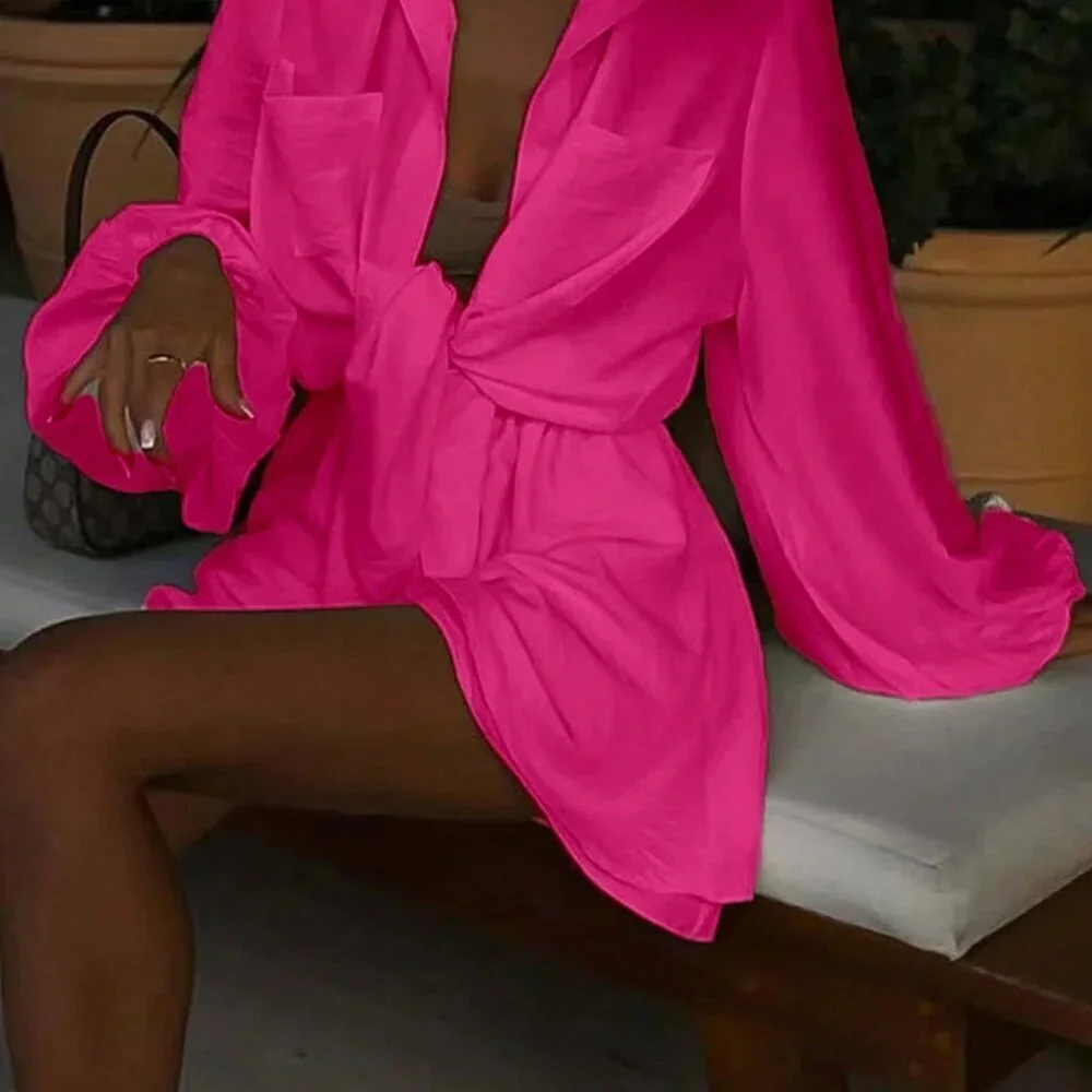Hot Pink Casual Women's Lantern Sleeve Blouse And Shorts Set